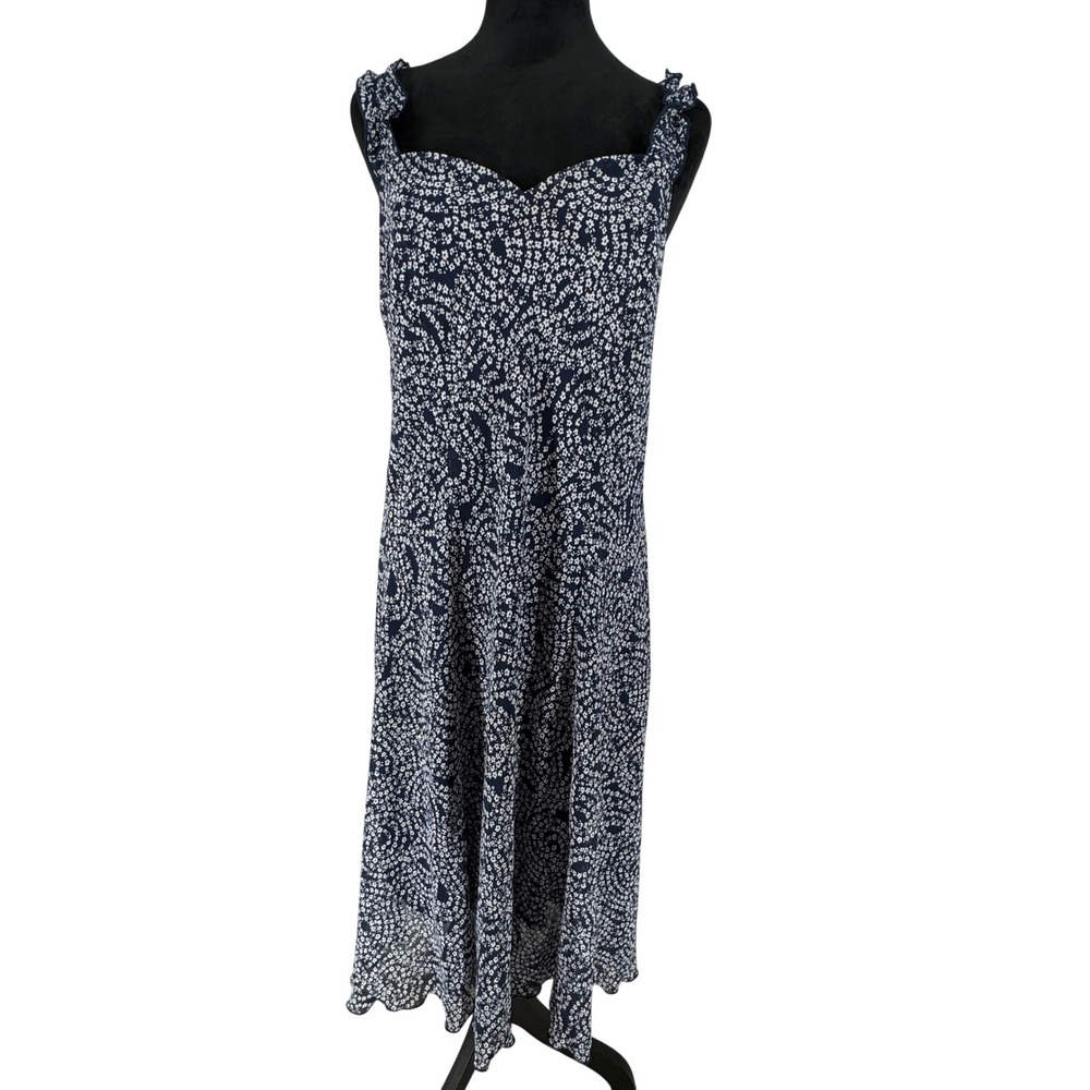 Womens Navy Floral Midi Dress Sweetheart Ruffle Strap 14 Coquette Feminine Flowy